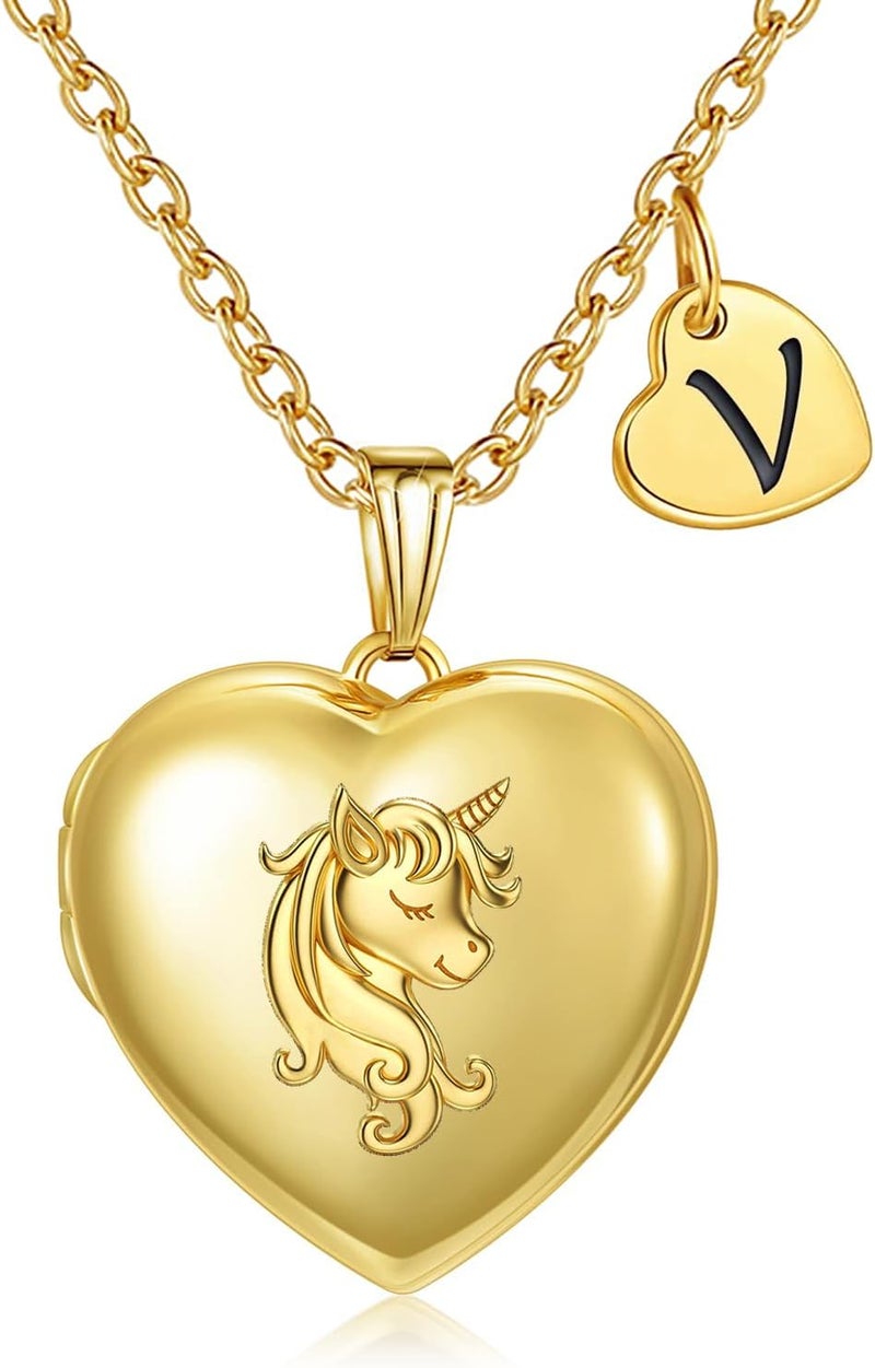 YOUFENG Heart Letter Unicorn Locket Necklace Initial Locket that Holds Pictures Locket Birthday Gifts - Image 1